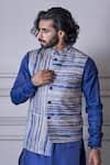 Shop_Agape_Blue Silk Stripe Pattern Bundi And Kurta Set_Online_at_Aza_Fashions