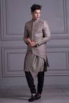 Shop_Agape_Grey Silk Thread And Sequin Asymmetric Jacket Kurta Set_at_Aza_Fashions