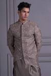 Agape_Grey Silk Thread And Sequin Asymmetric Jacket Kurta Set_at_Aza_Fashions