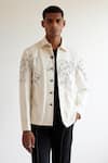 Countrymade_Off White Cotton Embroidered Map Motif Pattern Denim Jacket _Online_at_Aza_Fashions