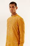 Buy_Countrymade_Yellow Chanderi Abstract Camo V Notch Embroidered Kurta And Churidar Set_Online_at_Aza_Fashions