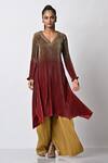 Buy_Kiran Uttam Ghosh_Red Pleated Polyester Mix Embroidery V Neck Ombre Kaftan  _at_Aza_Fashions