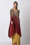 Buy_Kiran Uttam Ghosh_Red Pleated Polyester Mix Embroidery V Neck Ombre Kaftan  _Online_at_Aza_Fashions