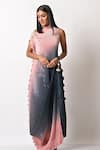 Buy_Kiran Uttam Ghosh_Blue Pleated Polyester Mix And Embroidery Parsi Gada One Drape Dress _at_Aza_Fashions