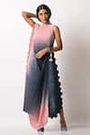 Buy_Kiran Uttam Ghosh_Blue Pleated Polyester Mix And Embroidery Parsi Gada One Drape Dress _Online_at_Aza_Fashions
