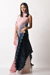 Shop_Kiran Uttam Ghosh_Blue Pleated Polyester Mix And Embroidery Parsi Gada One Drape Dress _Online_at_Aza_Fashions