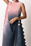 Kiran Uttam Ghosh_Blue Pleated Polyester Mix And Embroidery Parsi Gada One Drape Dress _at_Aza_Fashions