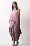 Shop_Kiran Uttam Ghosh_Purple Pleated Polyester Mix Print And Embroidery One Drape Dress  _Online_at_Aza_Fashions