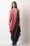 Kiran Uttam Ghosh_Pink Pleated Polyester Mix Geometric Round Drape Gown  _Online_at_Aza_Fashions