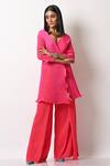 Buy_Kiran Uttam Ghosh_Pink Pleated Polyester Mix Wide Leg Trousers  _at_Aza_Fashions