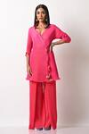 Shop_Kiran Uttam Ghosh_Pink Pleated Polyester Mix Wide Leg Trousers  _at_Aza_Fashions