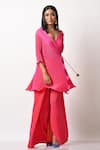 Kiran Uttam Ghosh_Pink Pleated Polyester Mix Wide Leg Trousers  _Online_at_Aza_Fashions