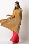 Buy_Kiran Uttam Ghosh_Gold Pleated Polyester Mix Geometric Round Kaftan  _at_Aza_Fashions