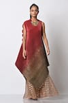 Kiran Uttam Ghosh_Green Pleated Polyester Mix Geometric Round Drape Dress  _Online_at_Aza_Fashions