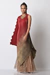 Shop_Kiran Uttam Ghosh_Green Pleated Polyester Mix Geometric Round Drape Dress  _Online_at_Aza_Fashions