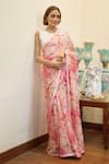 Buy_Atelier Shikaarbagh_Pink Saree - French Chiffon Printed Floral Round Audrey With Blouse  _at_Aza_Fashions