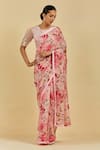 Buy_Atelier Shikaarbagh_Pink Saree - French Chiffon Printed Floral Round Audrey With Blouse  _Online_at_Aza_Fashions