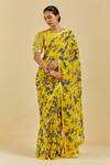 Buy_Atelier Shikaarbagh_Yellow Saree - French Chiffon Leaf, Sequins Caroline Print _at_Aza_Fashions