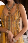 Chhavvi Aggarwal_Yellow Crepe And Embroidery Geometric Scoop Neck Kurta Palazzo Set_Online_at_Aza_Fashions