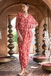 Buy_Chhavvi Aggarwal_Maroon Crepe Lining Shantoon Floral Print And Sequin V Neck Draped Dress _at_Aza_Fashions