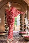 Chhavvi Aggarwal_Maroon Crepe Lining Shantoon Floral Print And Sequin V Neck Draped Dress _Online_at_Aza_Fashions