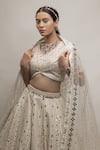 Shop_Neha & Tarun_Beige Chanderi Printed Geometric V Neck Embroidered Bridal Lehenga Set _Online_at_Aza_Fashions