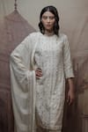 Shop_Neha & Tarun_Beige Chanderi Embroidery Sequin Jewel Neck Kurta Set For Women_at_Aza_Fashions