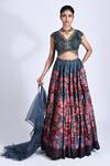 Buy_Basil Leaf_Grey Blouse Chiffon, Dupatta Organza, Lehenga Tussar Rose Scallop Print Set_at_Aza_Fashions