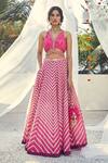 Buy_Basil Leaf_Pink Lehenga And Blouse Chanderi Lurex Printed Chevron V Neck Set _at_Aza_Fashions