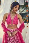 Basil Leaf_Pink Lehenga And Blouse Chanderi Lurex Printed Chevron V Neck Set _at_Aza_Fashions