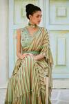Shop_Basil Leaf_Green Chinnon Chiffon Bead Work, Sequins V Neck Ruffle Pre-draped Saree Set_at_Aza_Fashions
