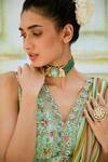 Buy_Basil Leaf_Green Chinnon Chiffon Bead Work, Sequins V Neck Ruffle Pre-draped Saree Set_Online_at_Aza_Fashions