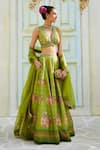 Buy_Basil Leaf_Green Lehenga And Blouse Tussar Printed Floral V Neck Set _at_Aza_Fashions