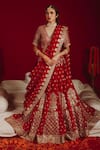 Buy_Aangan by Parul_Red Organza Embroidered Gold V Banarasi Bridal Lehenga Set _at_Aza_Fashions