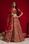 Buy_Aangan by Parul_Red Raw Silk Embroidered Floral Leaf Neck Bridal Lehenga Set  _at_Aza_Fashions