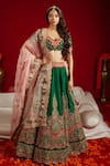 Buy_Aangan By Parul_Green Cotton, Organza, Satin, Rawsilk Floral Leaf Embroidered Bridal Lehenga Set _at_Aza_Fashions