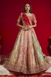 Buy_Aangan by Parul_Multi Color Pure Silk Embroidered Floral Leaf Neck Bridal Lehenga Set  _at_Aza_Fashions