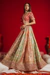 Aangan by Parul_Multi Color Pure Silk Embroidered Floral Leaf Neck Bridal Lehenga Set  _Online_at_Aza_Fashions