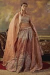 Aangan by Parul_Gold Organza Satin Embroidered Floral Round Neck Bridal Lehenga Set  _Online_at_Aza_Fashions