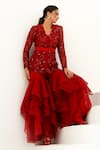 Shop_Akanksha Mago_Red Organza, Net Lining Cotton Floral, Carmine Embellished Jacket And Gharara Set _at_Aza_Fashions
