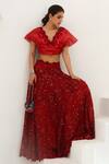 Buy_Akanksha Mago_Red Net Organza Satin Floral, Sequin V Bela Embellished Lehenga And Crop Top Set _at_Aza_Fashions