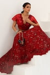 Shop_Akanksha Mago_Red Net Organza Satin Floral, Sequin V Bela Embellished Lehenga And Crop Top Set _Online_at_Aza_Fashions