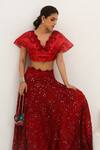 Akanksha Mago_Red Net Organza Satin Floral, Sequin V Bela Embellished Lehenga And Crop Top Set _at_Aza_Fashions
