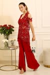 Shop_Akanksha Mago_Red Net Italian Satin Crystal, Sequin, Bead Bustier Embellished And Pant Set _at_Aza_Fashions