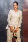 Shop_Akanksha Mago_Ivory Net, Italian Satin Floral, Pearl Dione Embellished Jacket And Pant Set _at_Aza_Fashions