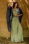 Buy_Akanksha Mago_Blue Organza, Georgette Floral, Resham, Alina Embroidered Cape And Sharara Set _at_Aza_Fashions