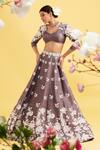 Vaishali Agarwal_Grey Raw Silk Embroidery Floral Leaf Neck Lehenga And Blouse Set _Online_at_Aza_Fashions