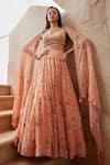 Sana Barreja_Peach Georgette Magnolia V Neck Nora Printed Lehenga Set _Online_at_Aza_Fashions