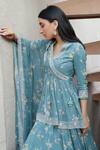 Shop_Sana Barreja_Blue Georgette Magnolia V Neck Amira Printed Peplum Top And Lehenga Set _Online_at_Aza_Fashions