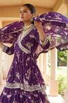 Sana Barreja_Purple Georgette Magnolia V Neck Nadia Printed Peplum Top And Lehenga Set _Online_at_Aza_Fashions